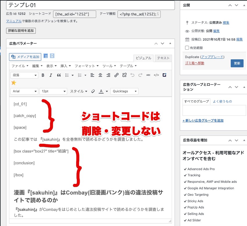 TD1の「テンプレ01」広告の編集画面の画像